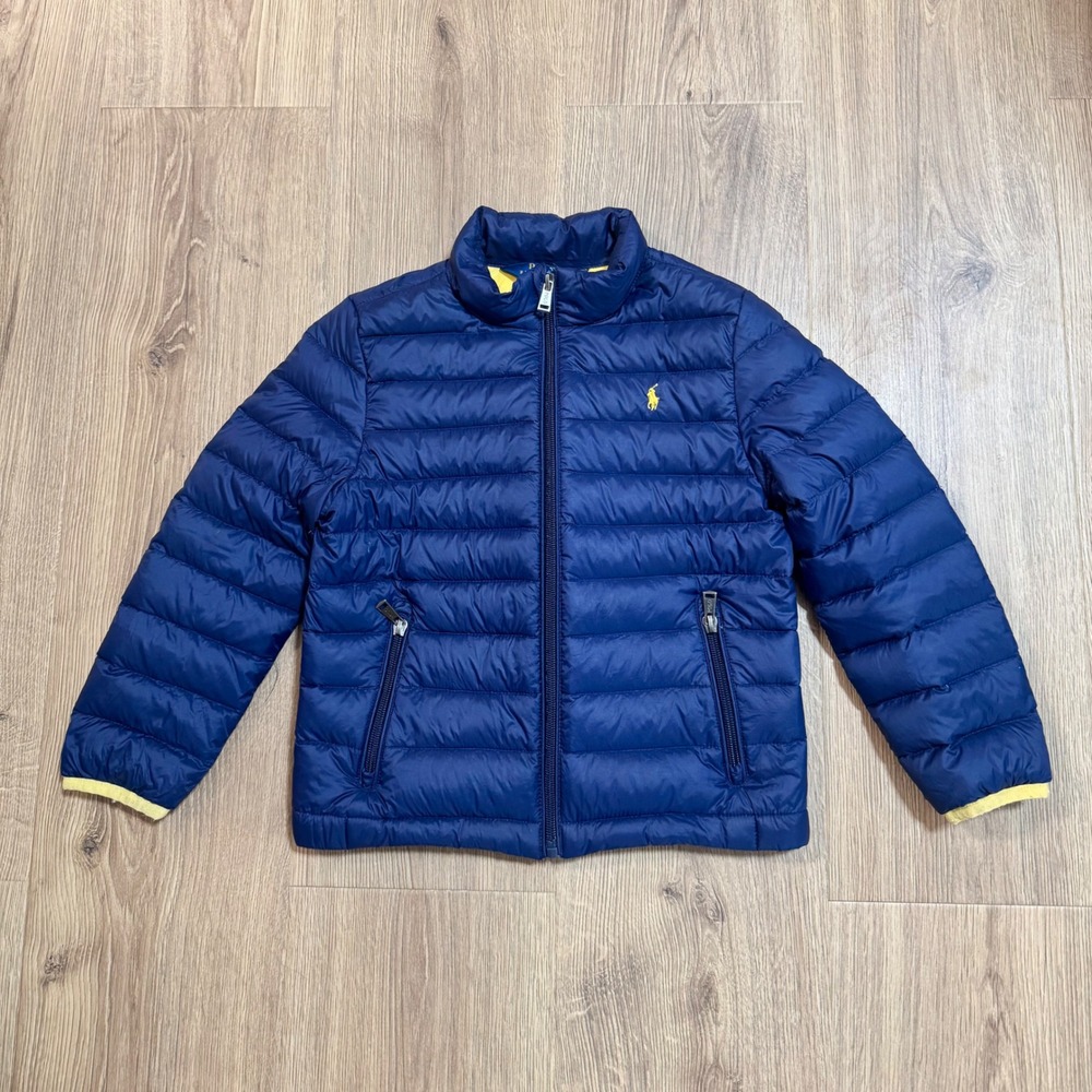 Polo Ralph Lauren Kids Down Puffer Jacket Duck Feather Navy Blue Yellow Zip 6